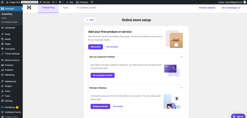 WooCommerce onboarding checklist by Hostinger in WordPress