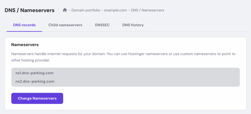 hPanel's DNS / Nameservers menu with DNS records selected