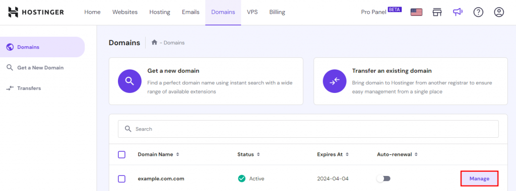 hPanel's Domains menu with Manage highlighted