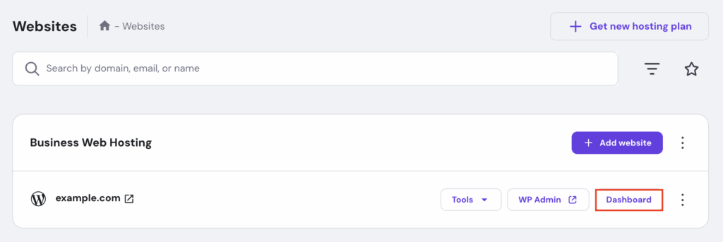 hPanel's Websites menu with Dashboard highlighted