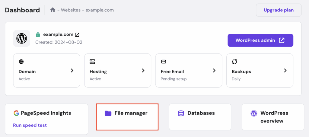 hPanel's dashboard with File manager highlighted