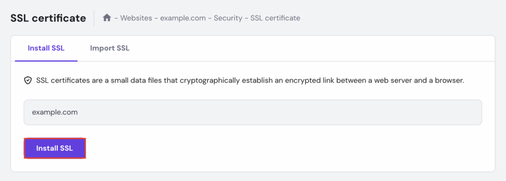 hPanel's SSL certificate menu with Install SSL highlighted