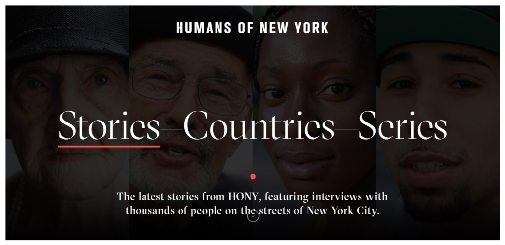Screenshot of the Humans of New York website homepage The Humans of New York website homepage.