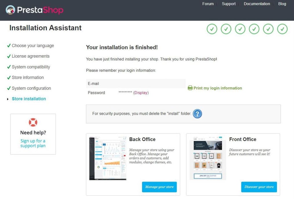 PrestaShop has finished installing the shop