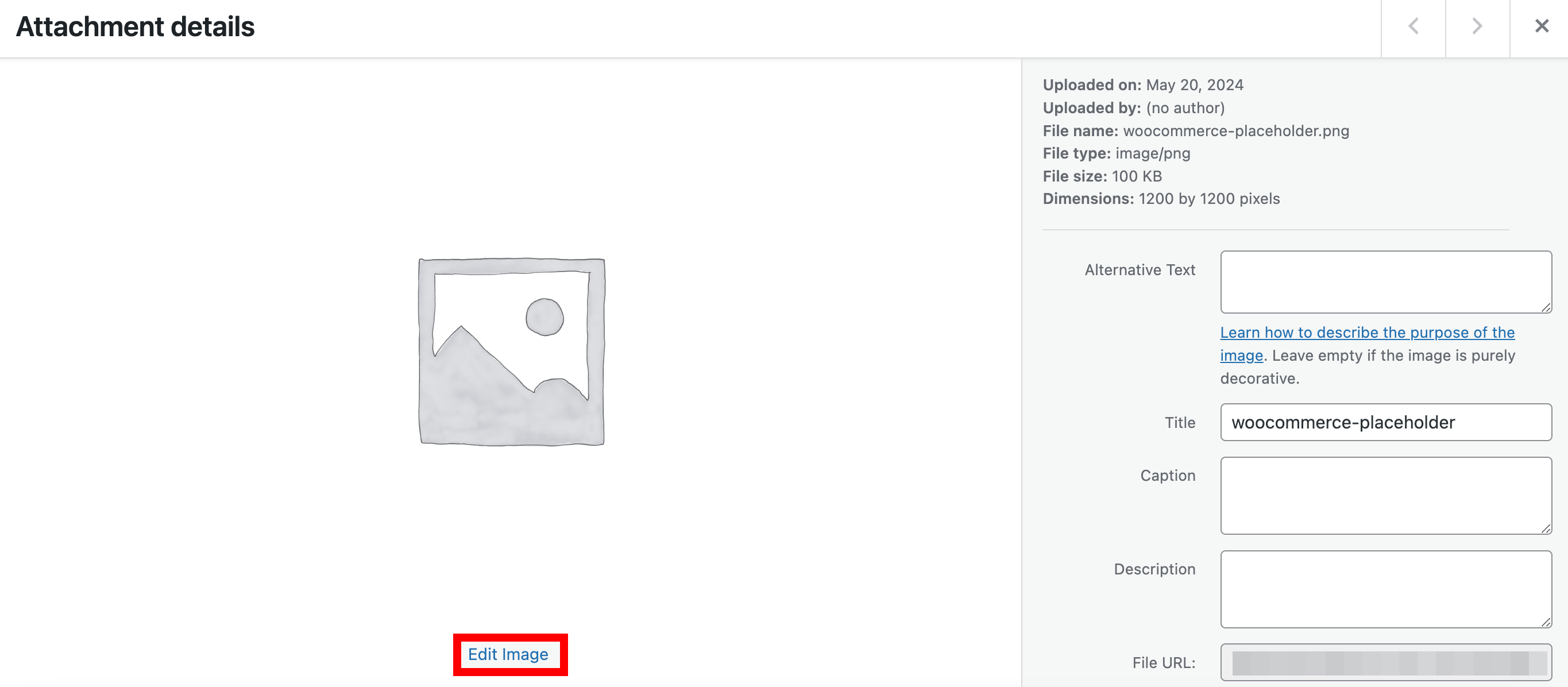 WordPress Media Library's Attachment details pop-up window
