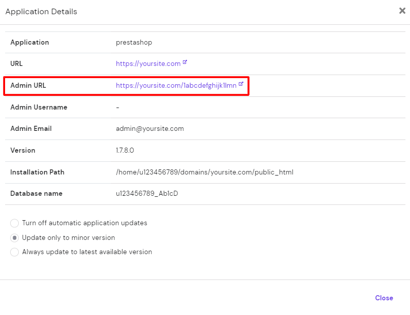 Accessing PrestaShop's admin URL