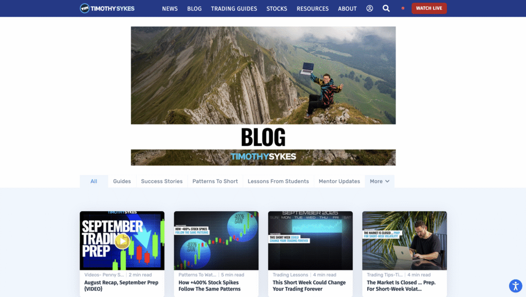 The Blog page of the Timothy Sykes website