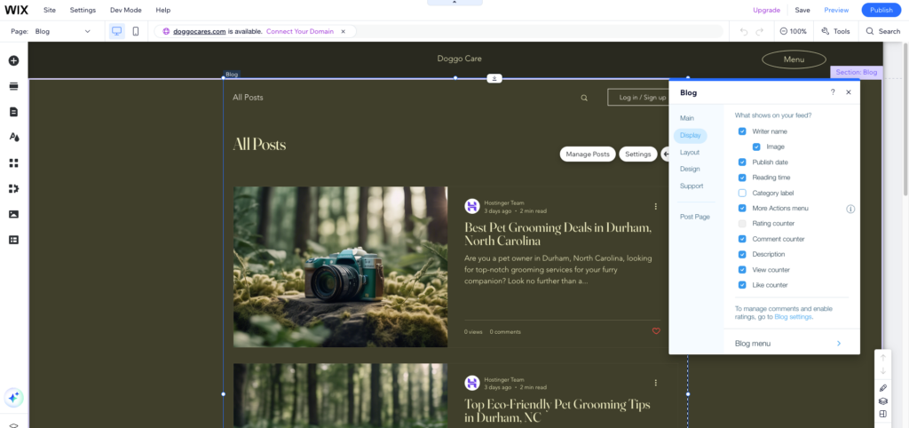 Wix blog settings in the editor