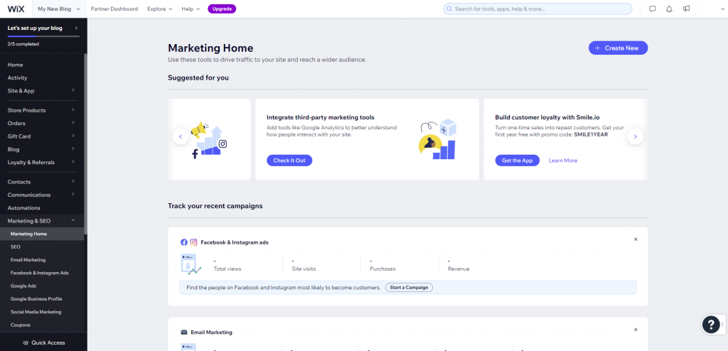 The marketing and SEO section in Wix dashboard
