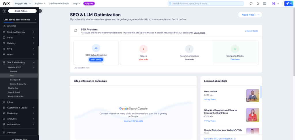Wix SEO section in the dashboard