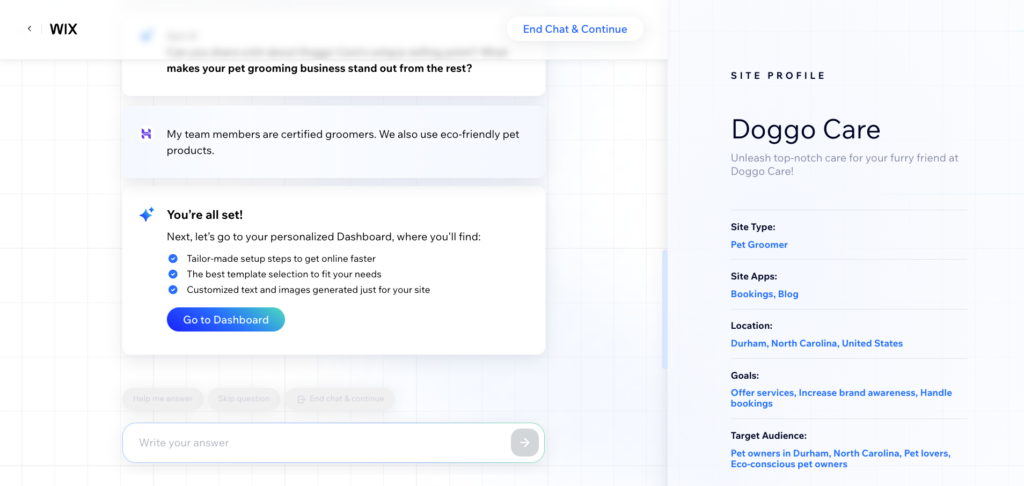 Wix Site Creation interface, powered by AI