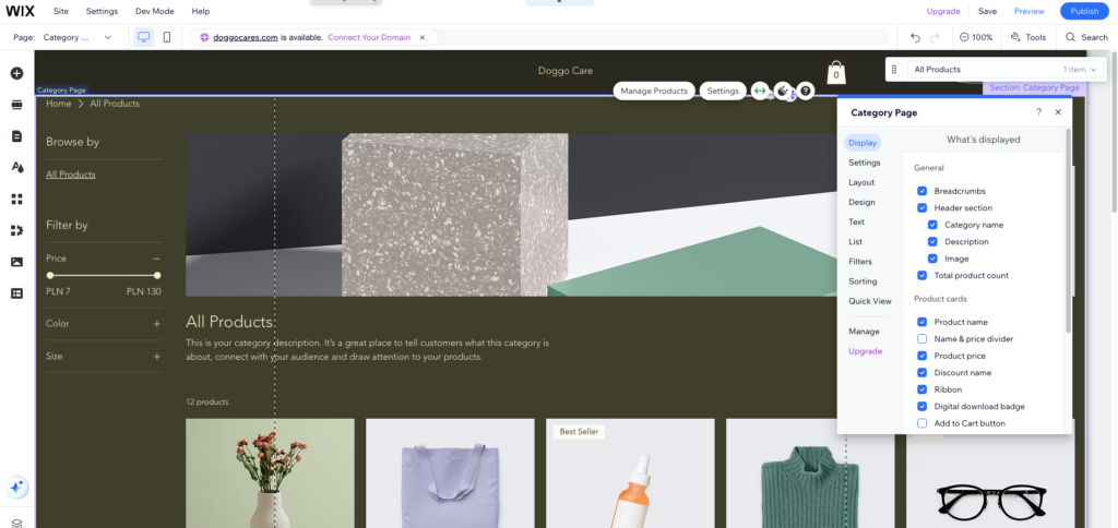 Wix store settings in the editor