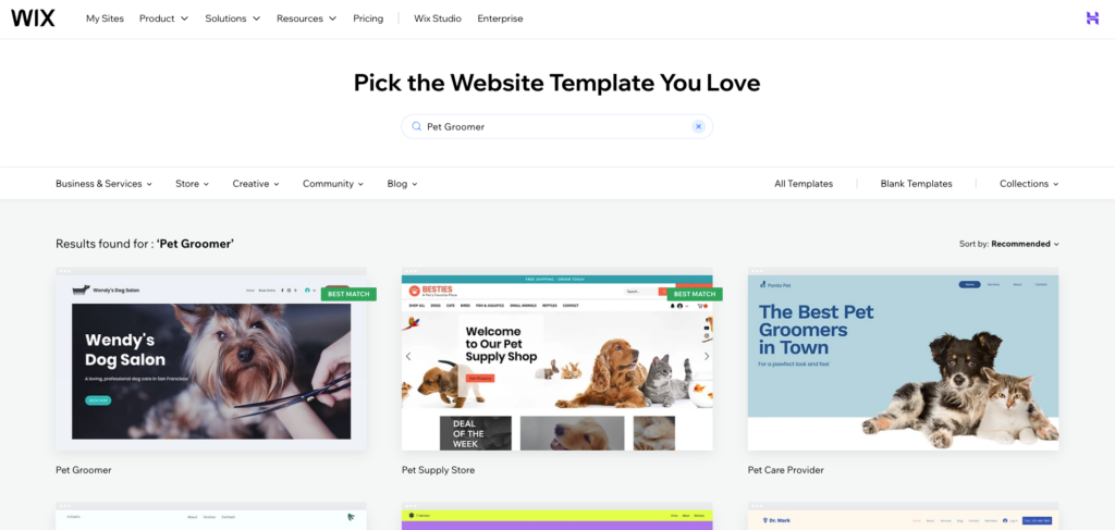 Picking a template for a Wix website