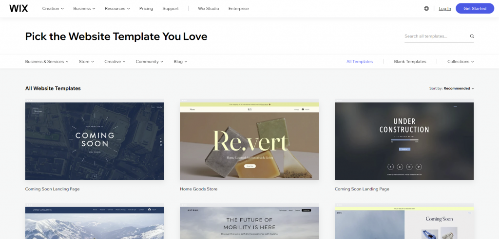 Wix template directory, containing over 800 pre-built options