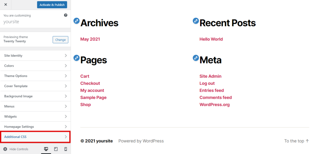 Selecting Additional CSS on WordPress Customizer