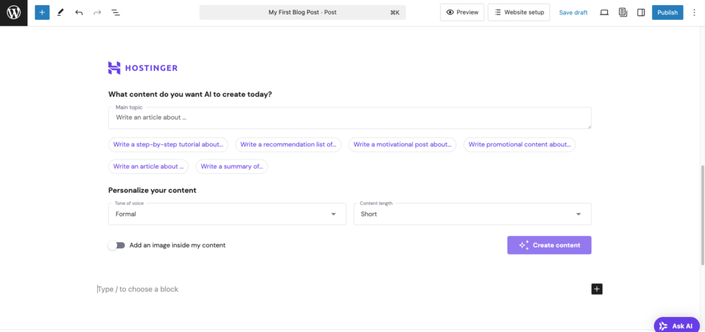 Hostinger AI Content Creator in WordPress post editor