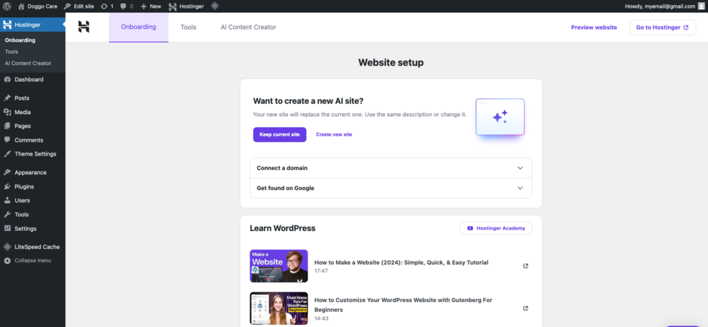 WordPress onboarding via Hostinger plugin