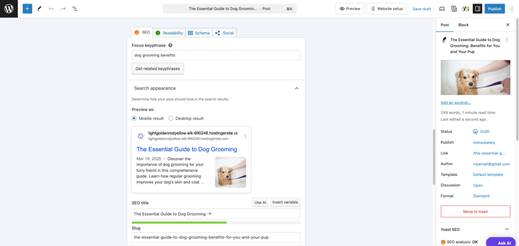 Yoast SEO content analysis in a WordPress post