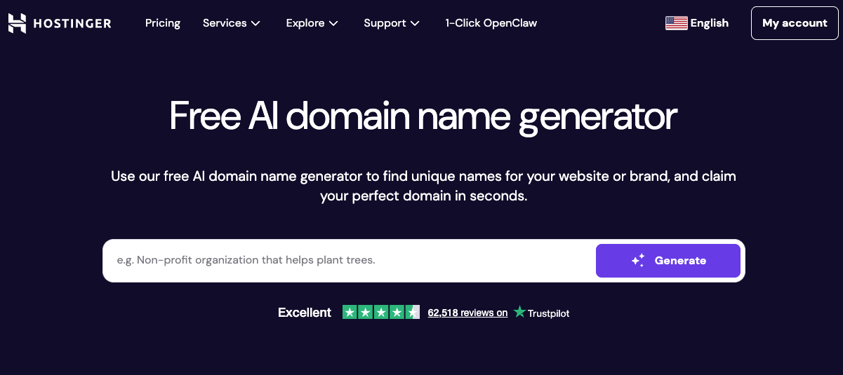 Hostinger domain name generator with AI-powered search field