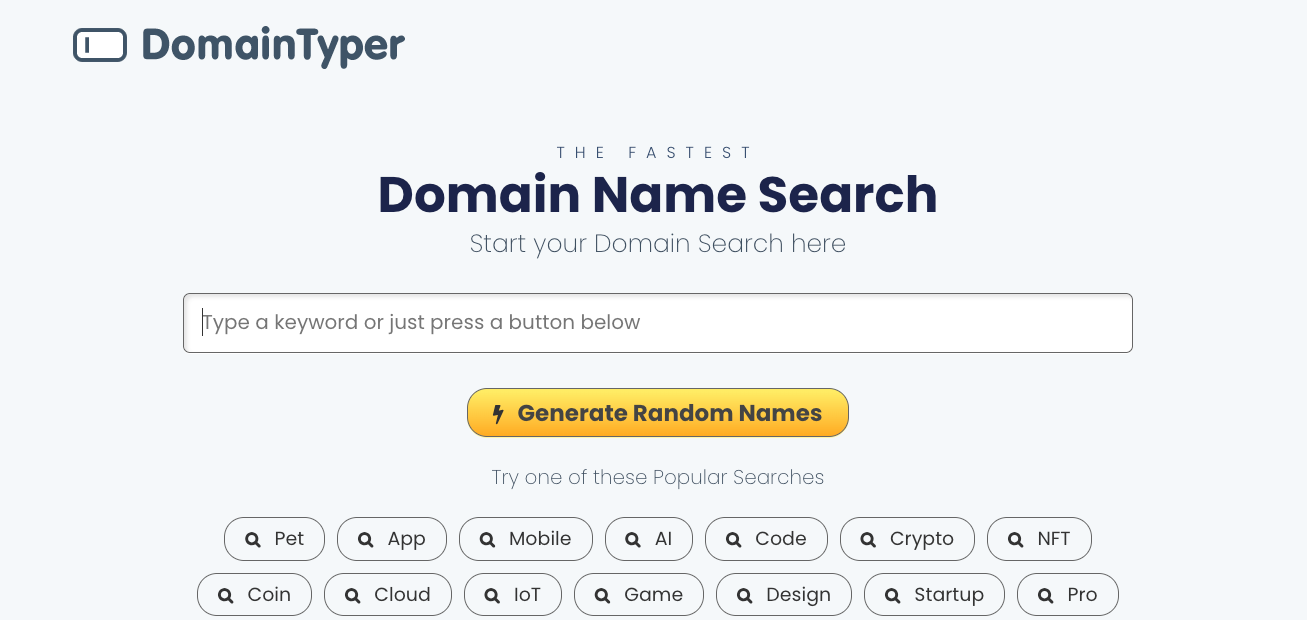DomainTyper landing page with search field and generator tool