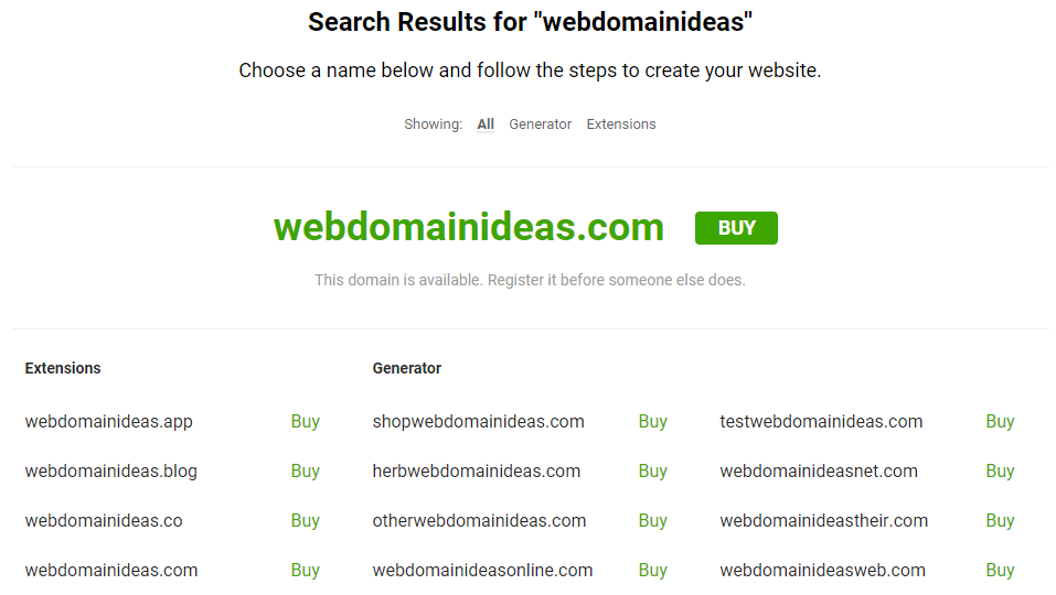 Nameboy domain generator result page