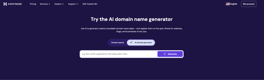 Hostinger domain name generator landing page with a search field