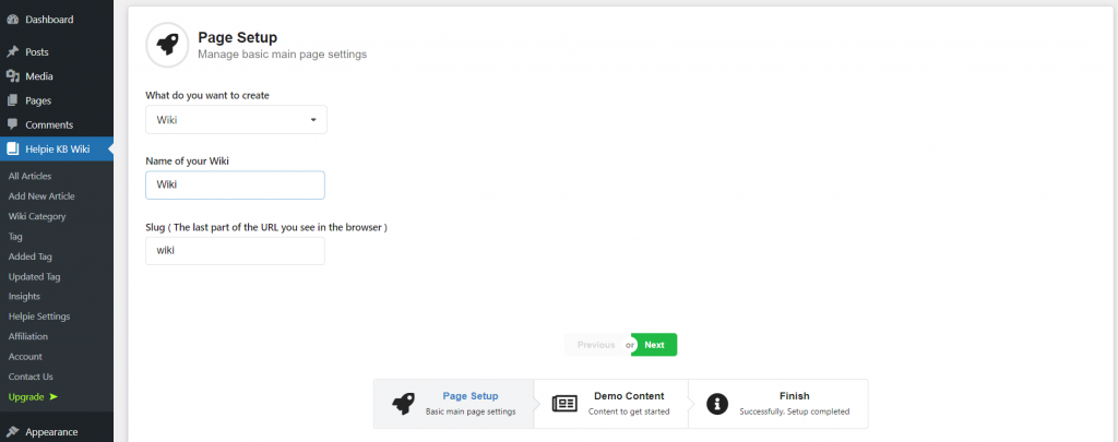 Helpie's page setup settings in the WordPress dashboard