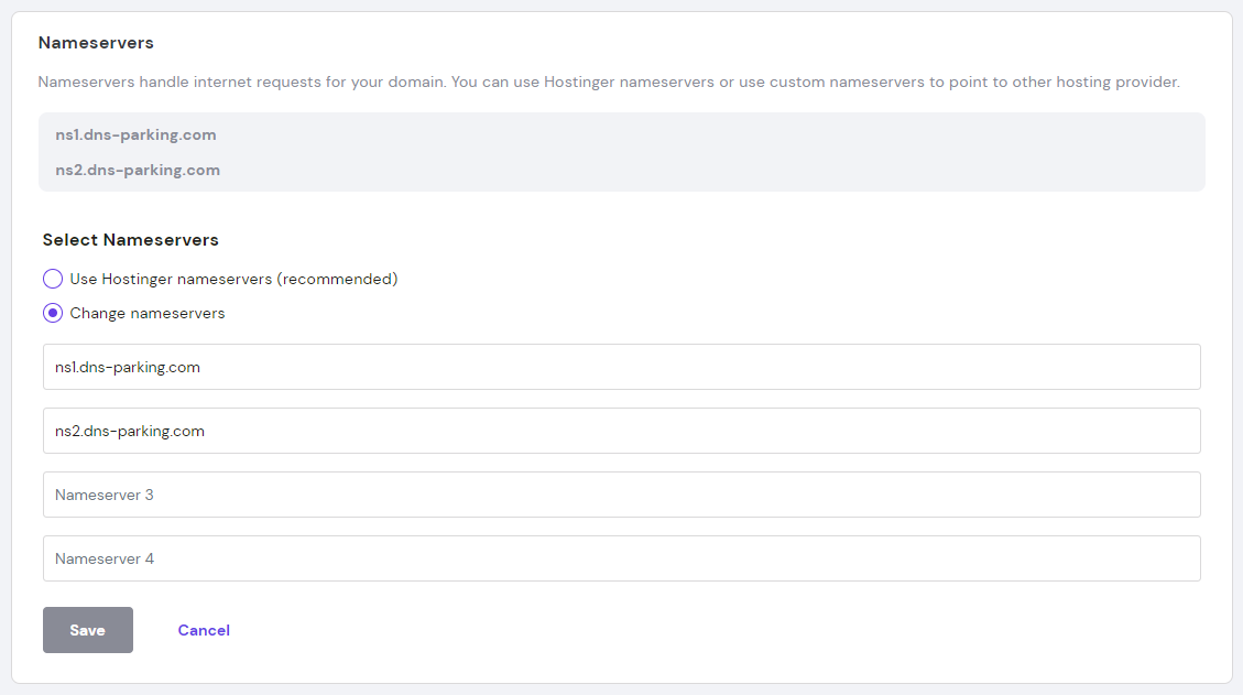 Screenshot of nameservers setting in hPanel, showing the option to change nameservers