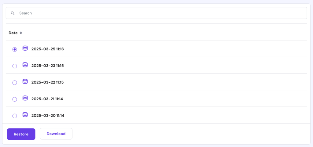 The database backup download button on hPanel