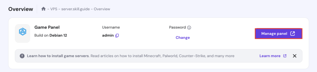 The Manage panel button in hPanel's VPS Overview page