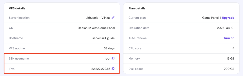 The SSH username and IPv4 information in hPanel's VPS Overview page