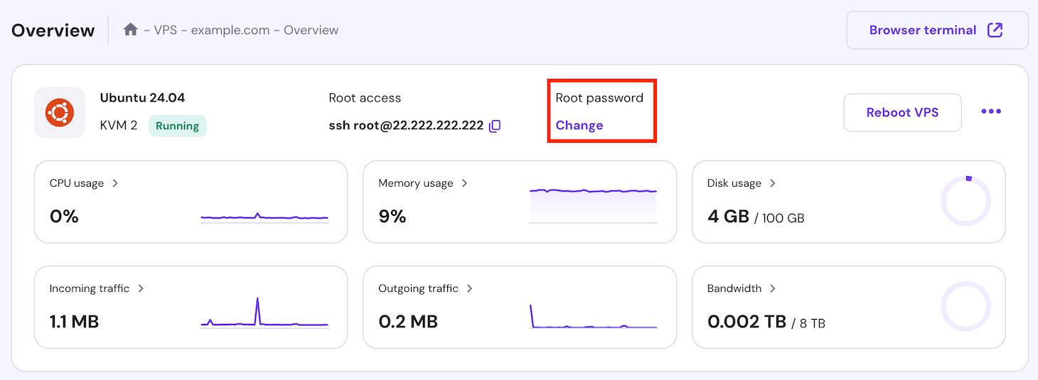 The option to change root password on hPanel's VPS overview menu