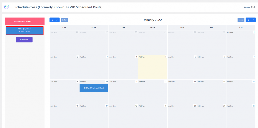 The edit option to schedule posts in the SchedulePress plugin.