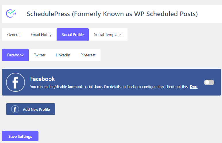 Enabling sharing on Facebook via SchedulePress.
