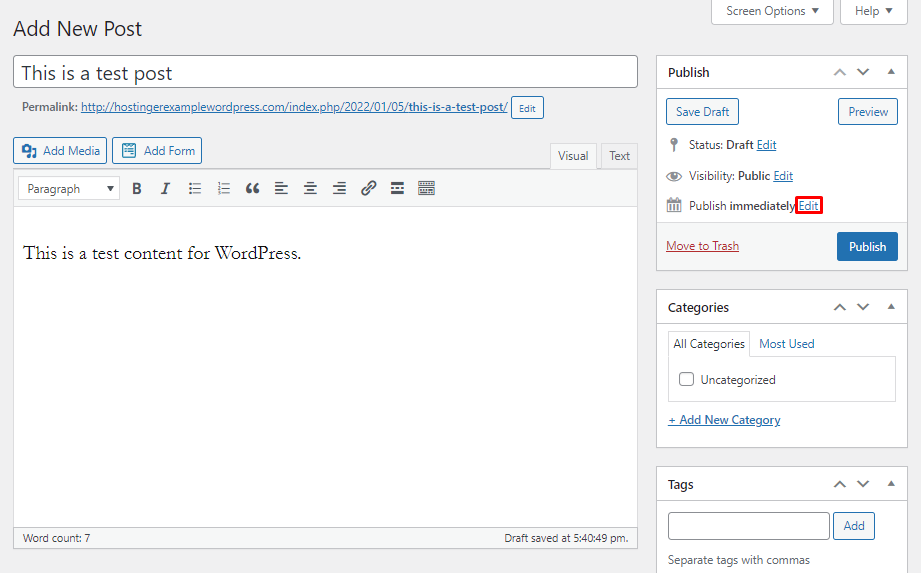 The Edit button next to Publish immediately in the right tab of the WordPress classic editor.