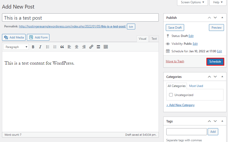 The schedule button in the WordPress classic editor.