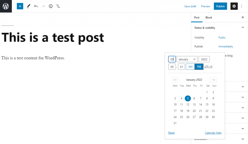 The date and time picker to schedule posts in WordPress Gutenberg editor.