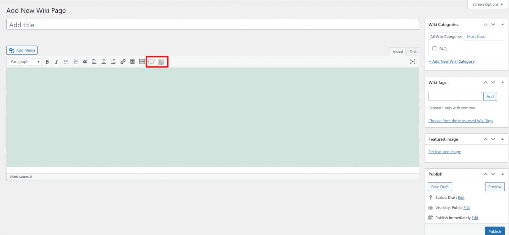 The sidebar widgets in the add new wiki page window