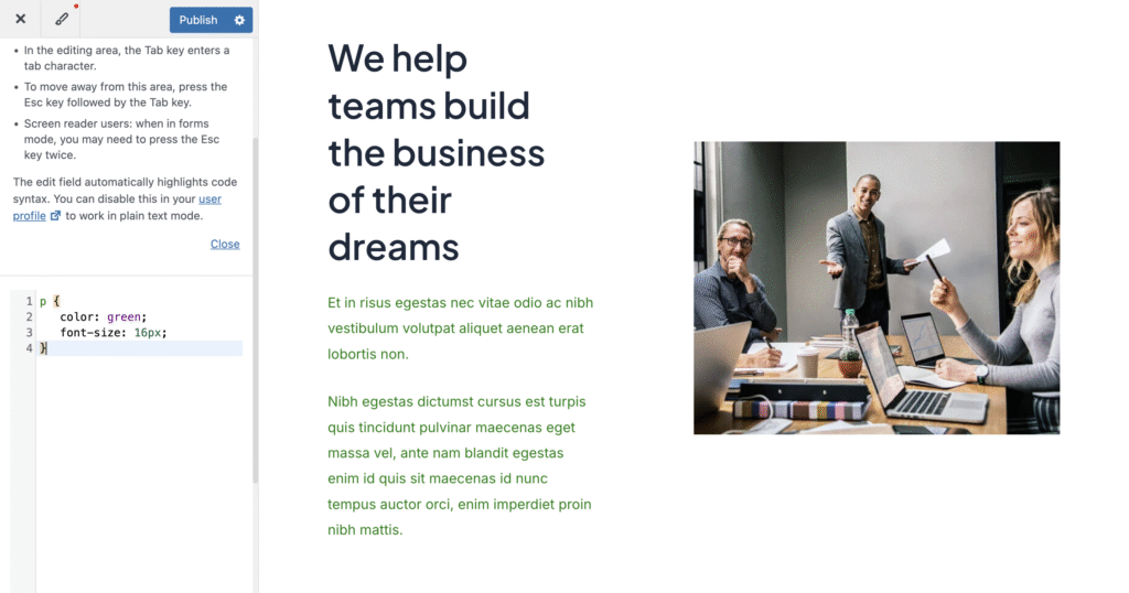 WordPress Customizer showing Additional CSS editor with live preview pane