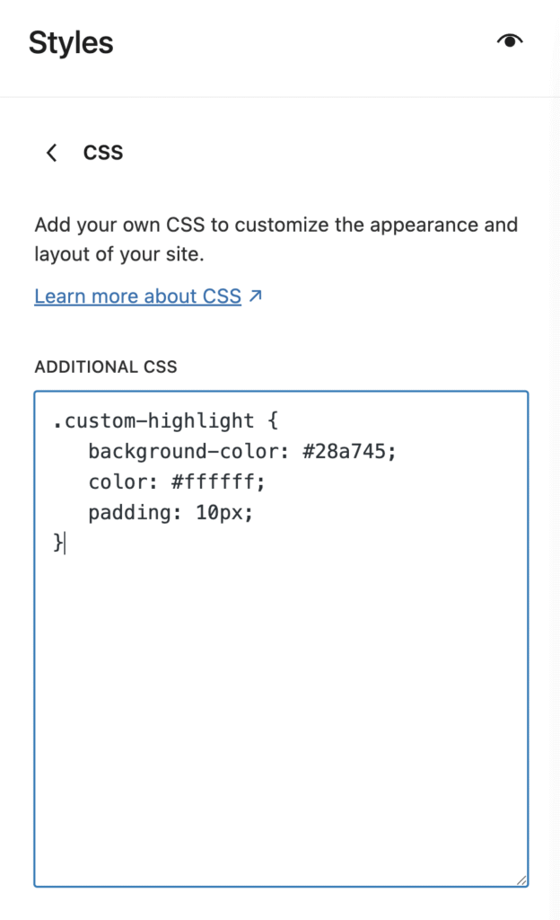 WordPress Editor displaying the Additional CSS field with custom styles entered