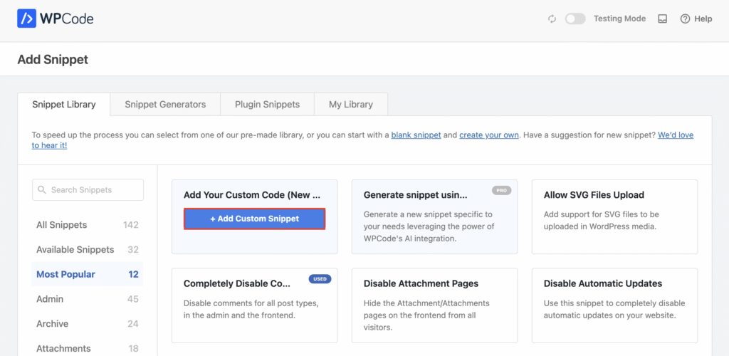 WPCode interface showing Add Custom Snippet option highlighted in dashboard