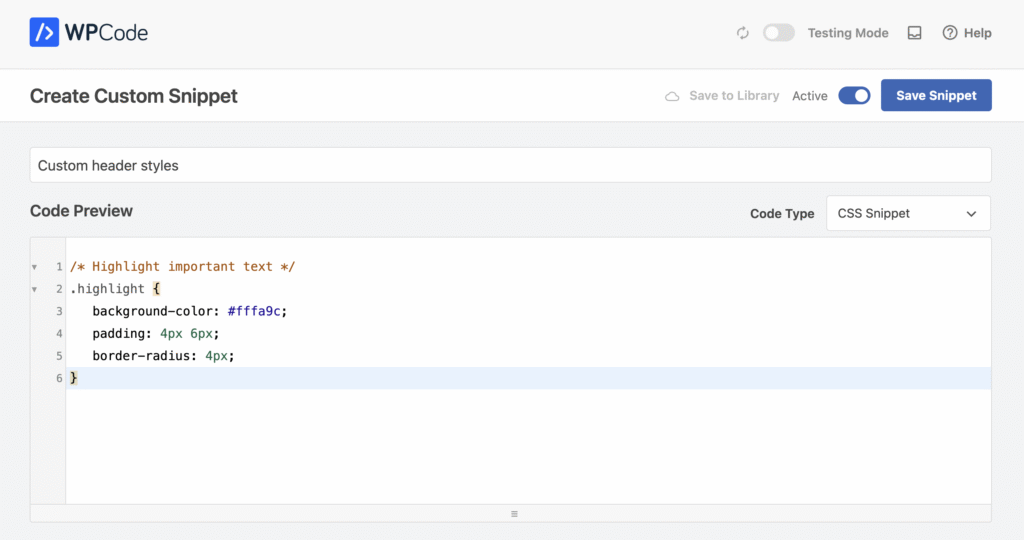 WPCode editor displaying a new custom CSS snippet in the code preview area