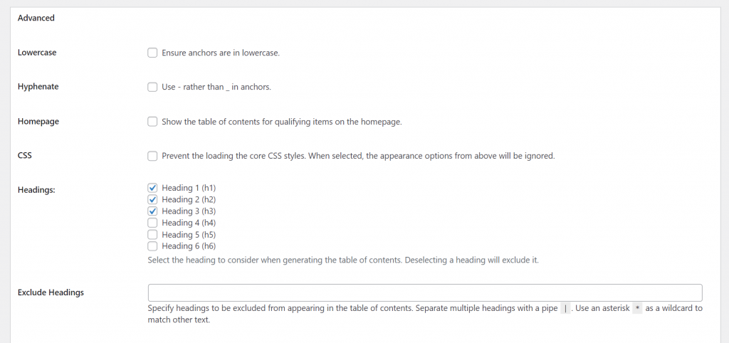 Screenshot of the Easy Table of Contents' advanced settings section