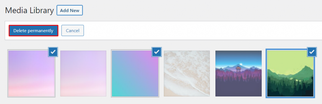 The Delete permanently button in WordPress's media library.
