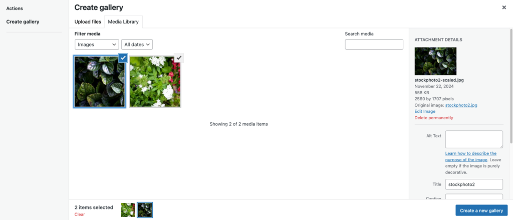 Creating a gallery using images in the Media Library