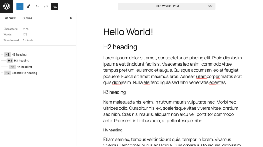 The outline of Gutenberg block list view