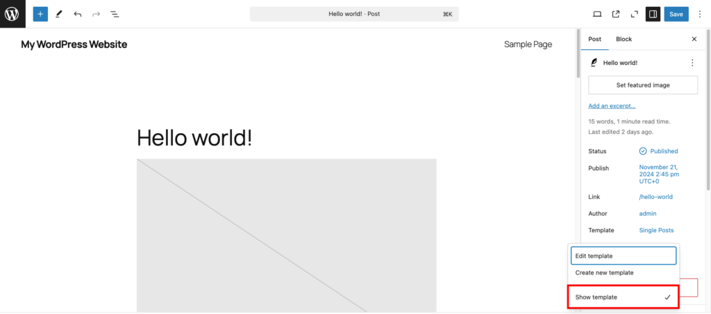 Displaying a template in the WordPress post editor