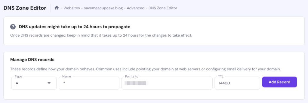 Hostinger hPanel showing DNS Zone Editor section for domains