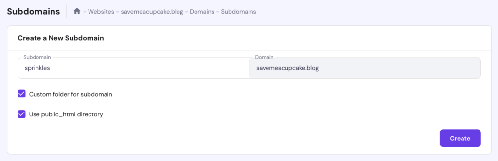 Creating a new subdomain in Hostinger hPanel Subdomains page