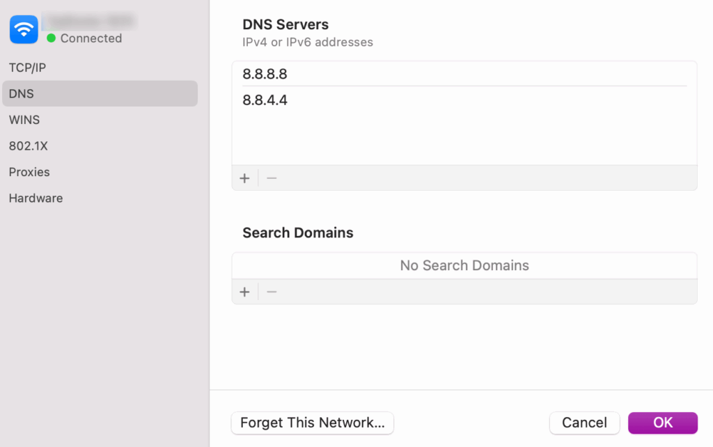 The DNS option in macOS